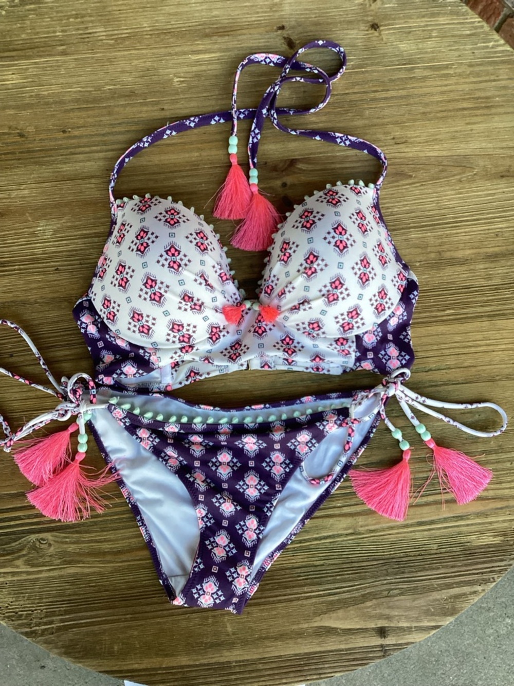 Victoria's Secret Purple, White & Pink Tassel Halter Bikini